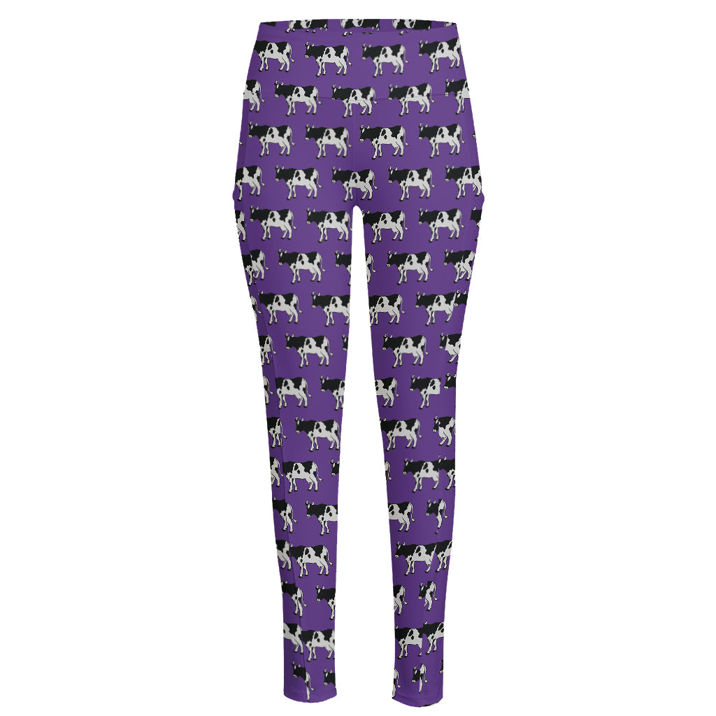 Purple Cow Pattern Print High-Waisted Pocket Leggings