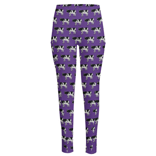 Purple Cow Pattern Print High-Waisted Pocket Leggings