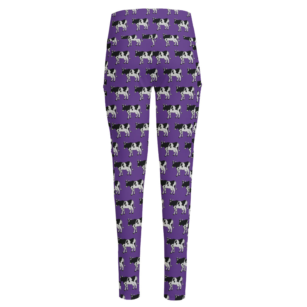 Purple Cow Pattern Print High-Waisted Pocket Leggings
