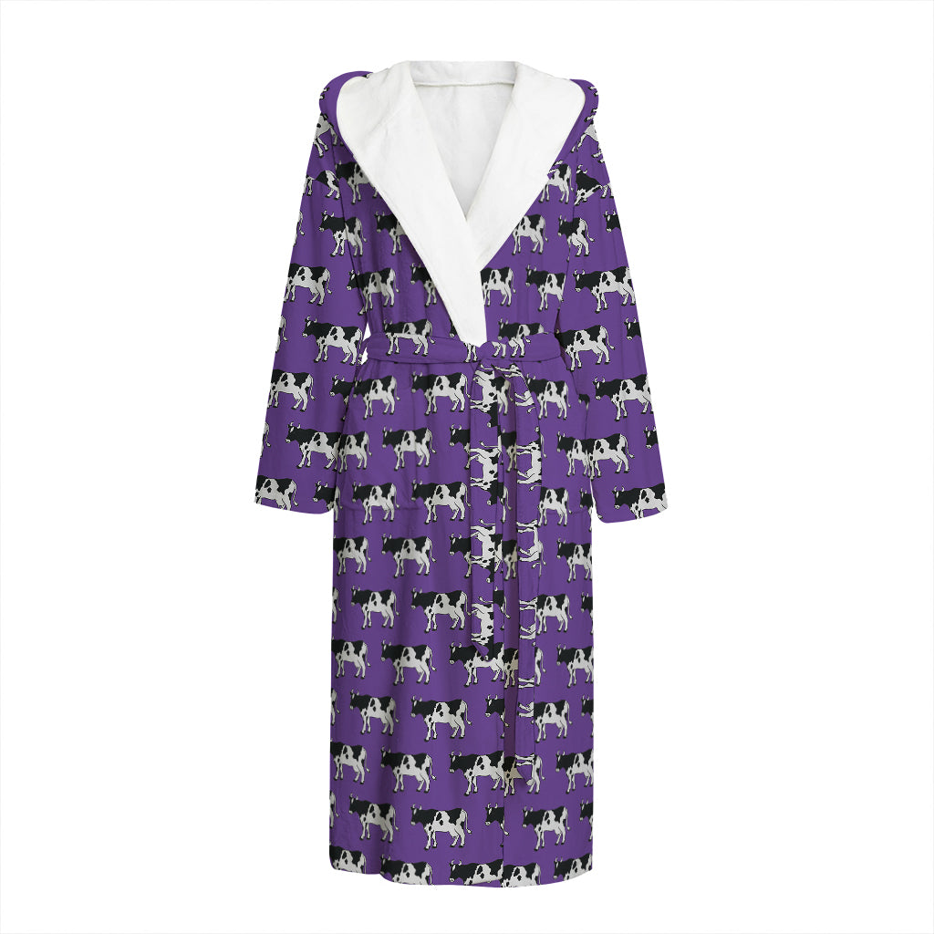 Purple Cow Pattern Print Hooded Bathrobe