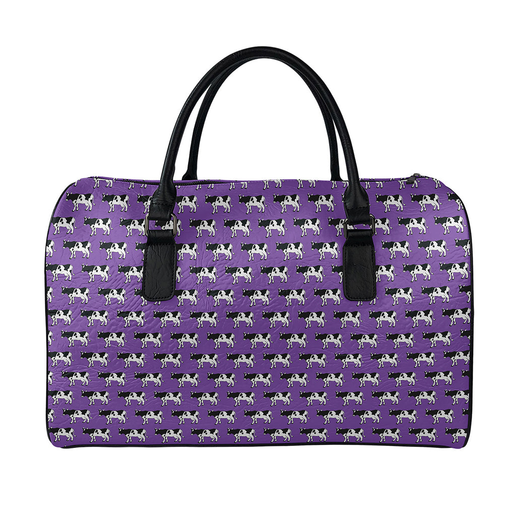 Purple Cow Pattern Print Leather Duffle Bag