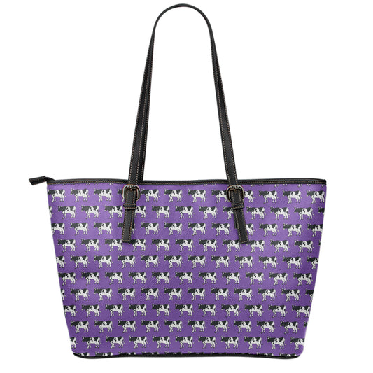 Purple Cow Pattern Print Leather Tote Bag