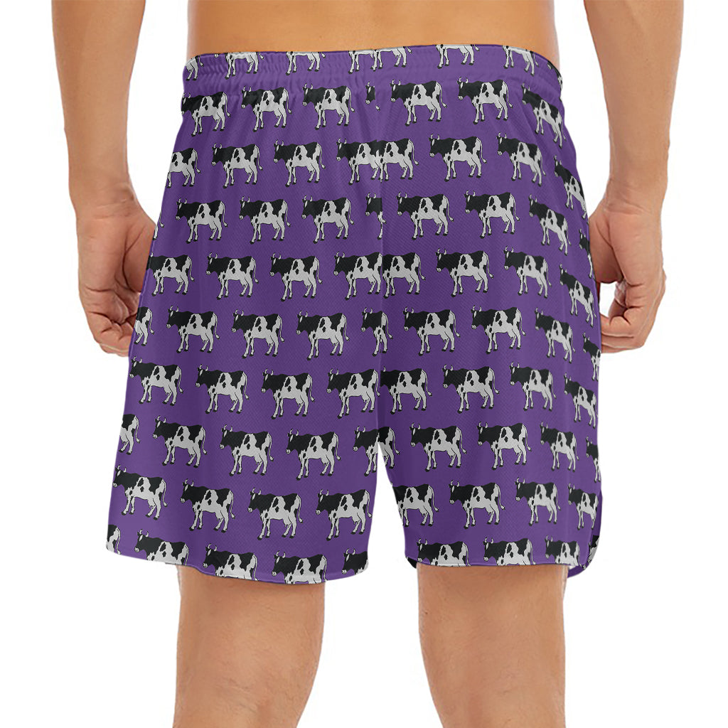 Purple Cow Pattern Print Men's Split Running Shorts