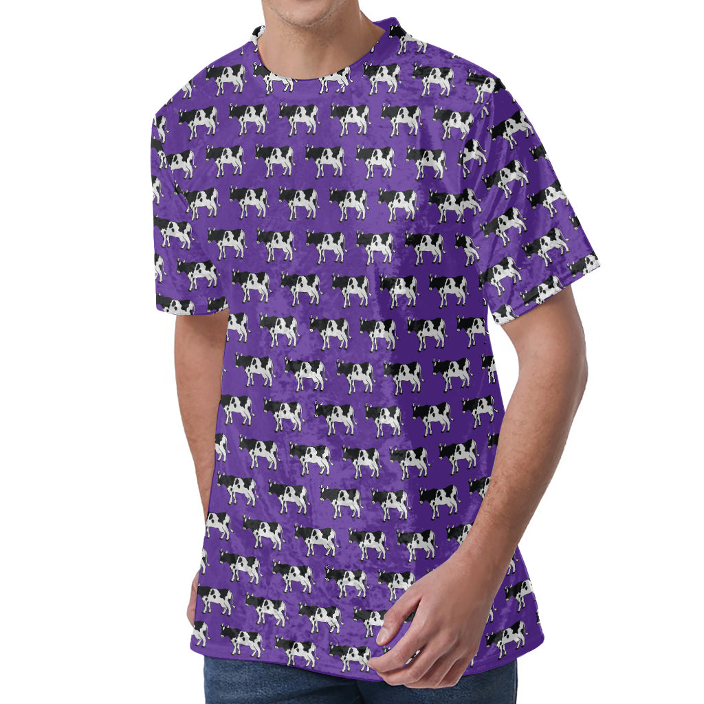Purple Cow Pattern Print Men's Velvet T-Shirt