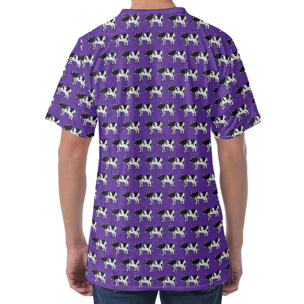 Purple Cow Pattern Print Men's Velvet T-Shirt