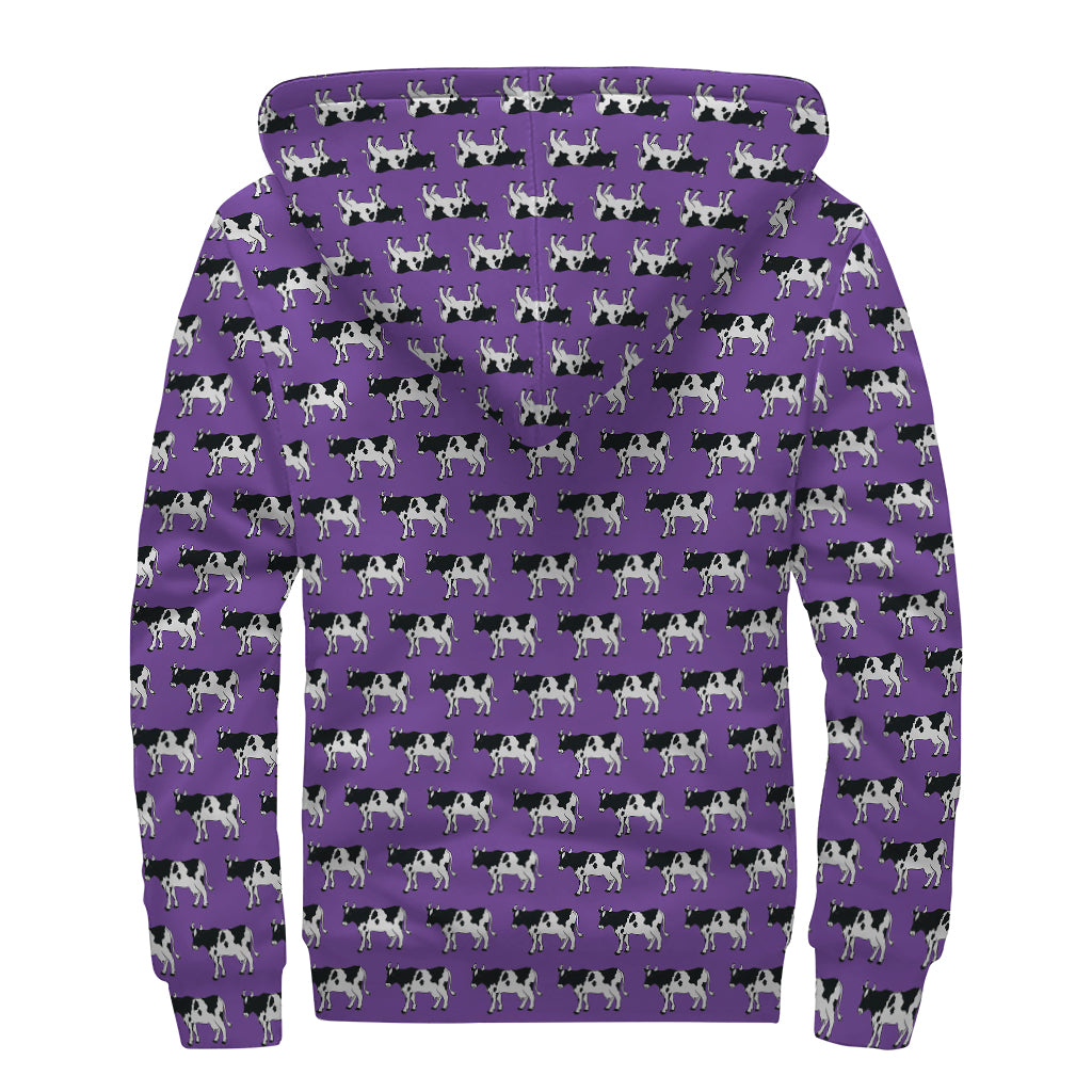 Purple Cow Pattern Print Sherpa Lined Zip Up Hoodie