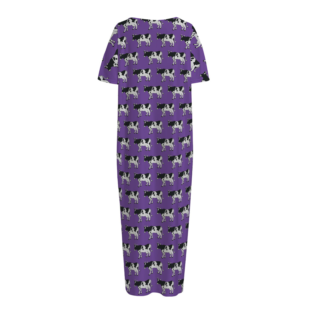 Purple Cow Pattern Print Short Sleeve Long Nightdress
