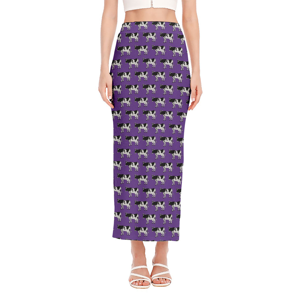 Purple Cow Pattern Print Side Slit Maxi Skirt