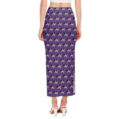 Purple Cow Pattern Print Side Slit Maxi Skirt