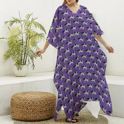 Purple Cow Pattern Print Silk V-Neck Kaftan Dress