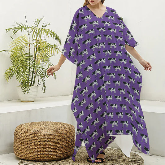 Purple Cow Pattern Print Silk V-Neck Kaftan Dress