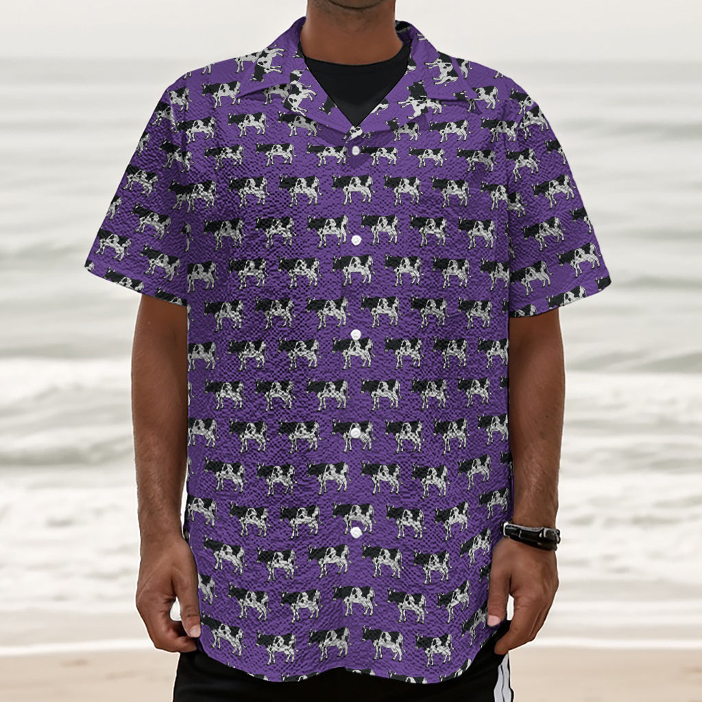 Purple Cow Pattern Print Textured Short Sleeve Shirt