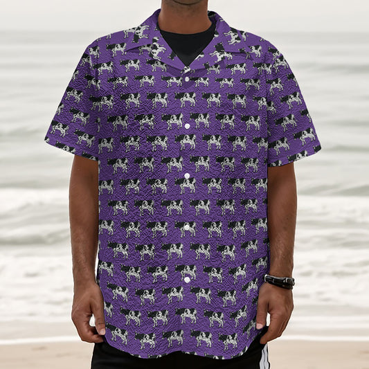 Purple Cow Pattern Print Textured Short Sleeve Shirt