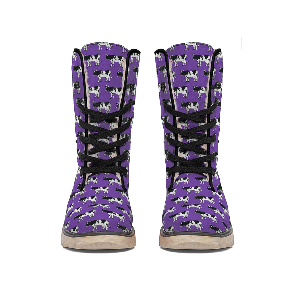 Purple Cow Pattern Print Winter Boots