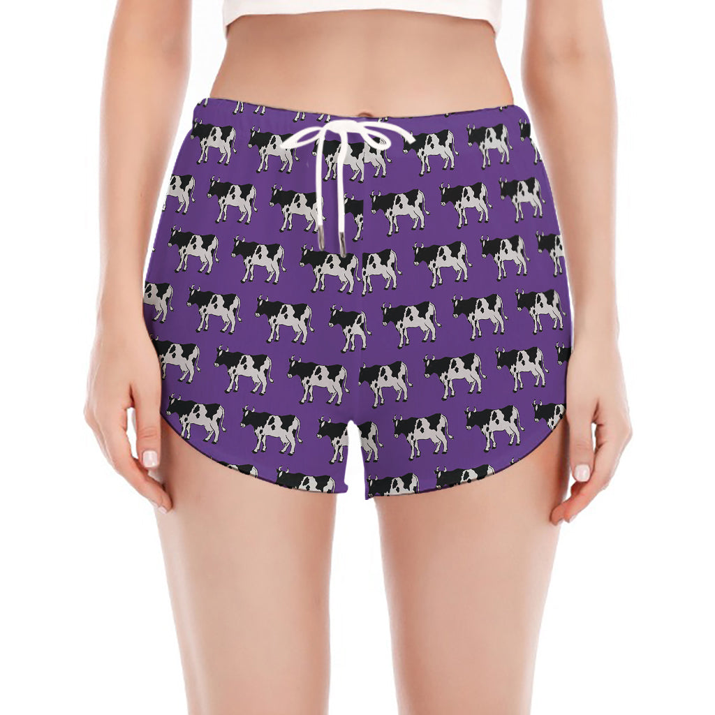Purple Cow Pattern Print Women's Split Running Shorts