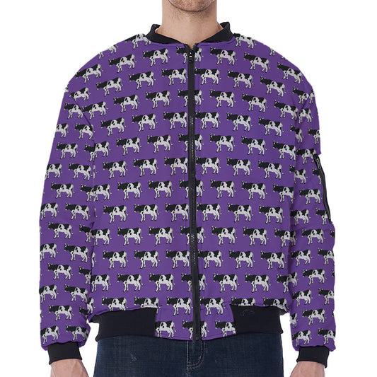 Purple Cow Pattern Print Zip Sleeve Bomber Jacket