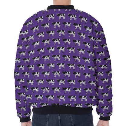 Purple Cow Pattern Print Zip Sleeve Bomber Jacket