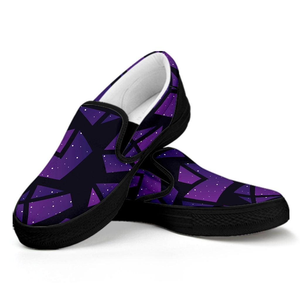 Purple Crystal Cosmic Galaxy Space Print Black Slip On Sneakers