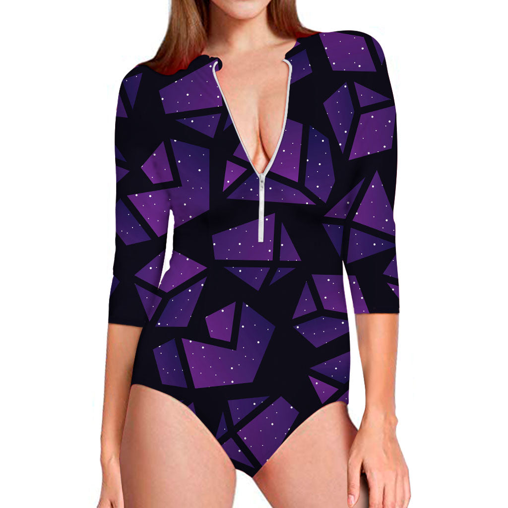Purple Crystal Cosmic Galaxy Space Print Long Sleeve Swimsuit