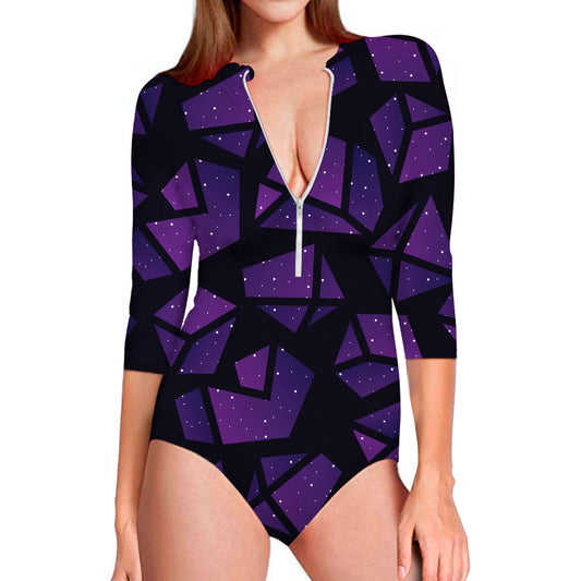 Purple Crystal Cosmic Galaxy Space Print Long Sleeve Swimsuit