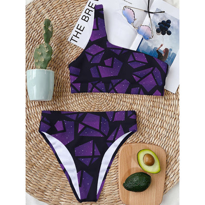 Purple Crystal Cosmic Galaxy Space Print One Shoulder Bikini Top