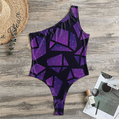 Purple Crystal Cosmic Galaxy Space Print One Shoulder Bodysuit