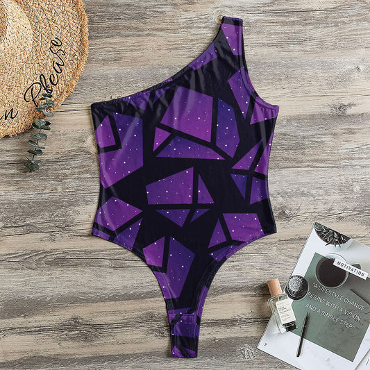 Purple Crystal Cosmic Galaxy Space Print One Shoulder Bodysuit