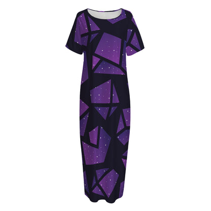 Purple Crystal Cosmic Galaxy Space Print Short Sleeve Long Nightdress
