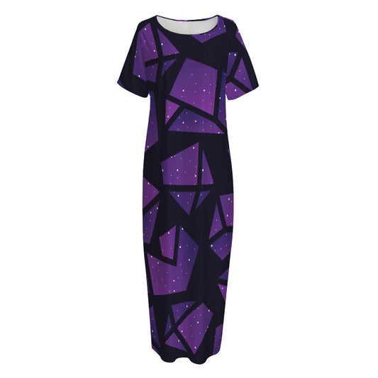 Purple Crystal Cosmic Galaxy Space Print Short Sleeve Long Nightdress