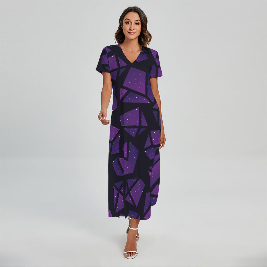 Purple Crystal Cosmic Galaxy Space Print Short Sleeve Maxi Dress