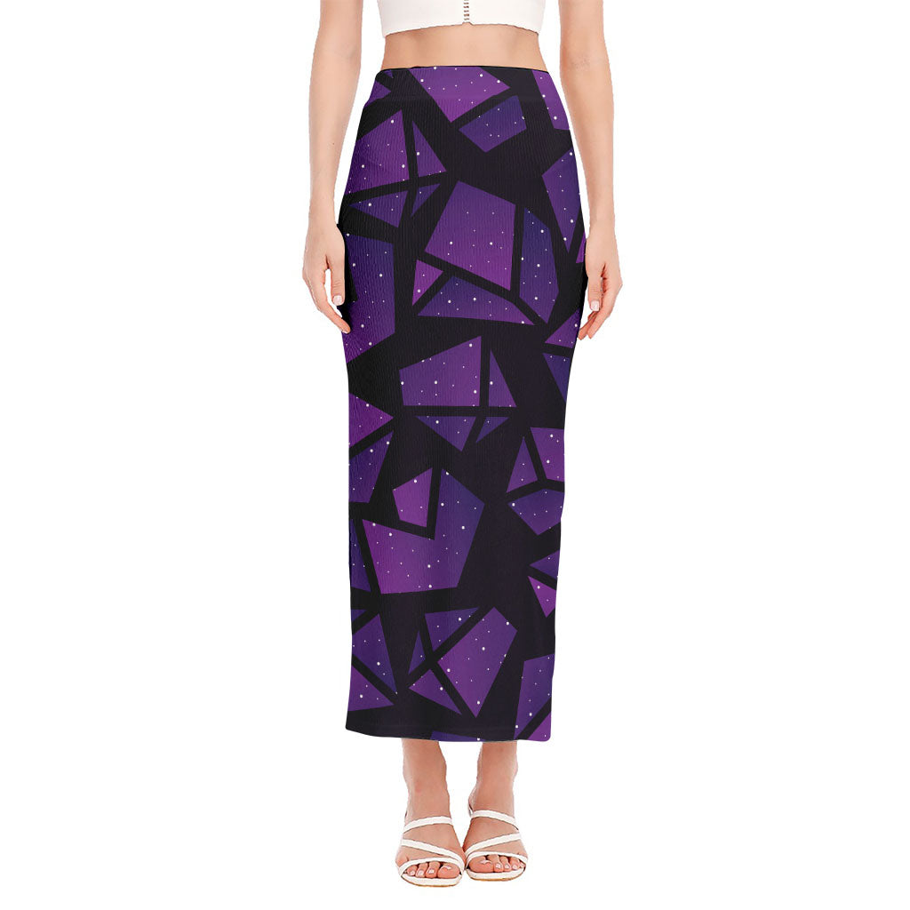 Purple Crystal Cosmic Galaxy Space Print Side Slit Maxi Skirt