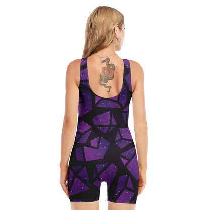 Purple Crystal Cosmic Galaxy Space Print Sleeveless One Piece Swimsuit