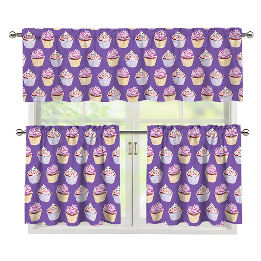 Purple Cupcake Pattern Print 3 Piece Kitchen Curtains