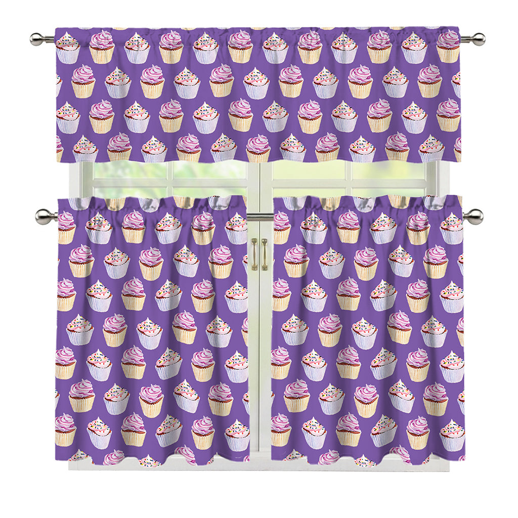 Purple Cupcake Pattern Print 3 Piece Kitchen Curtains