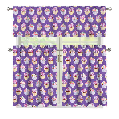 Purple Cupcake Pattern Print 3 Piece Kitchen Curtains