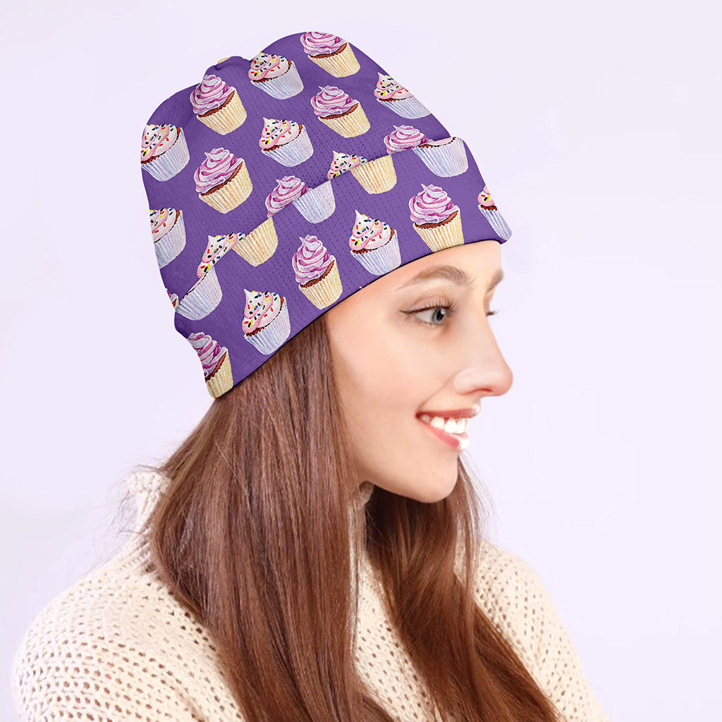 Purple Cupcake Pattern Print Beanie