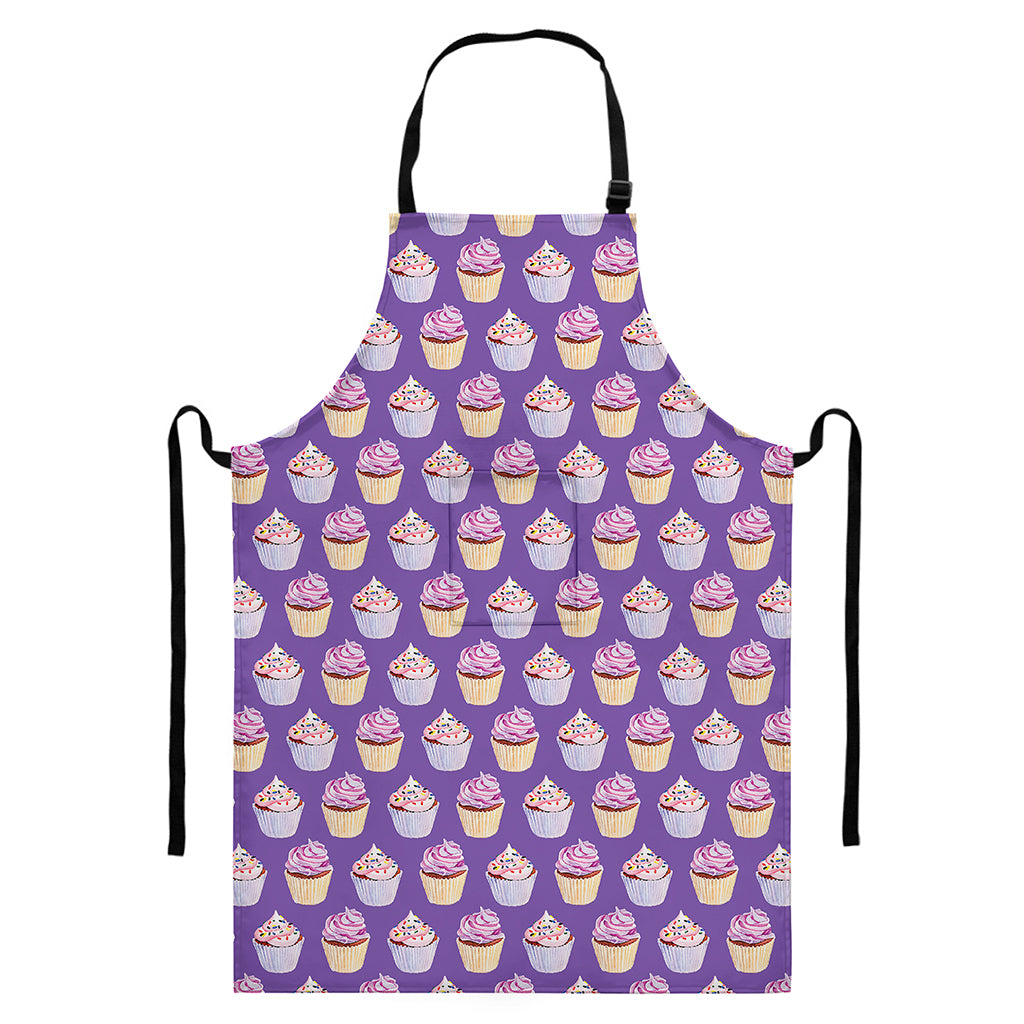 Purple Cupcake Pattern Print Bib Apron With Pocket