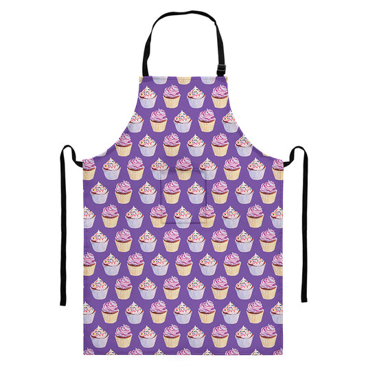 Purple Cupcake Pattern Print Bib Apron With Pocket