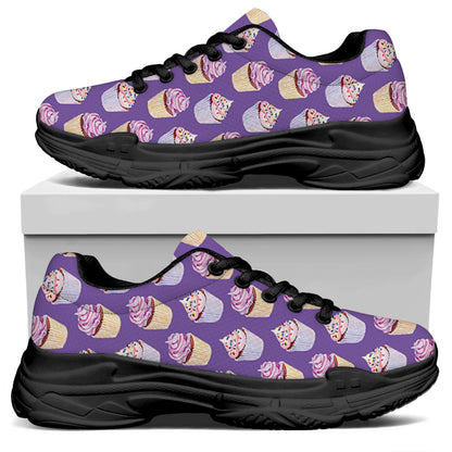 Purple Cupcake Pattern Print Black Chunky Shoes