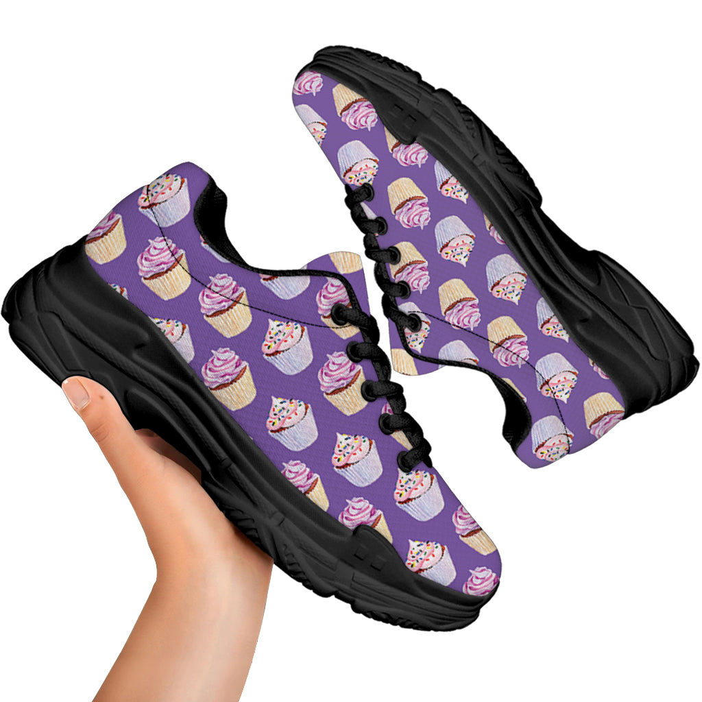 Purple Cupcake Pattern Print Black Chunky Shoes