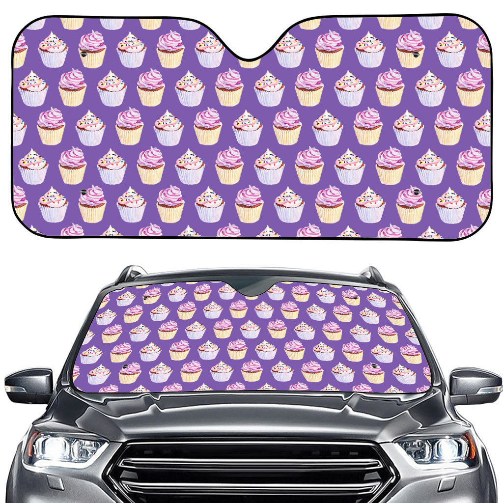 Purple Cupcake Pattern Print Car Windshield Sun Shade