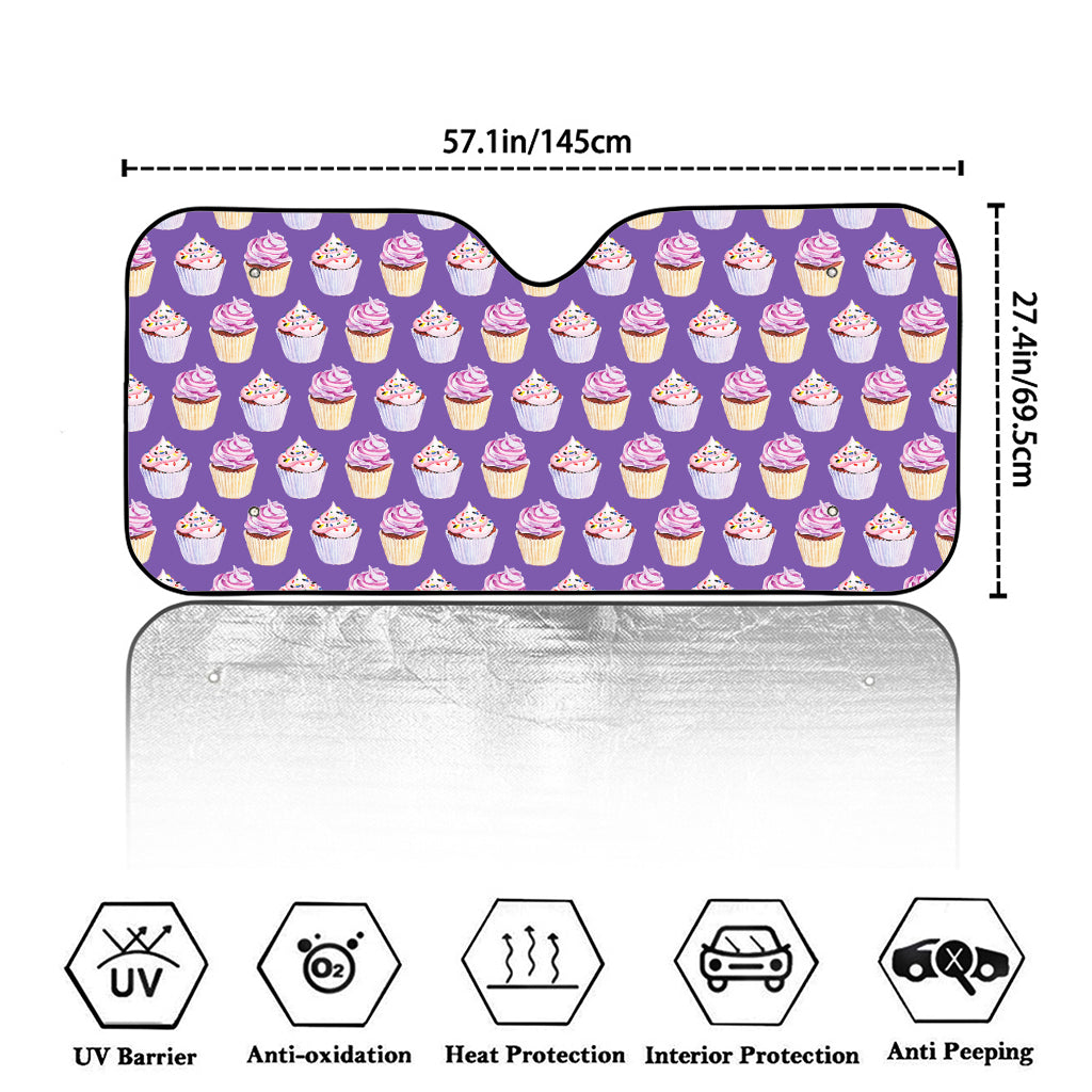 Purple Cupcake Pattern Print Car Windshield Sun Shade