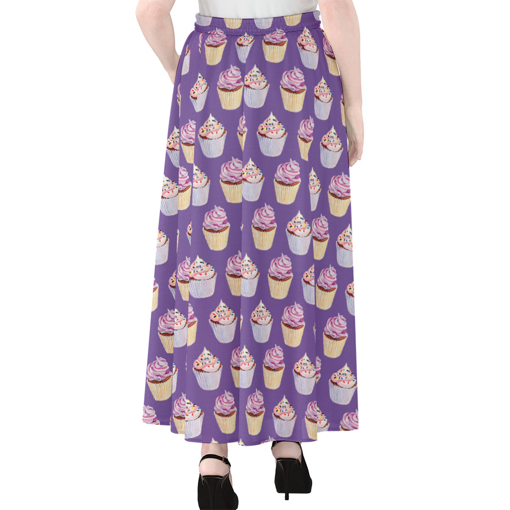 Purple Cupcake Pattern Print Chiffon Maxi Skirt