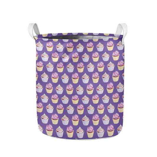 Purple Cupcake Pattern Print Collapsible Laundry Basket