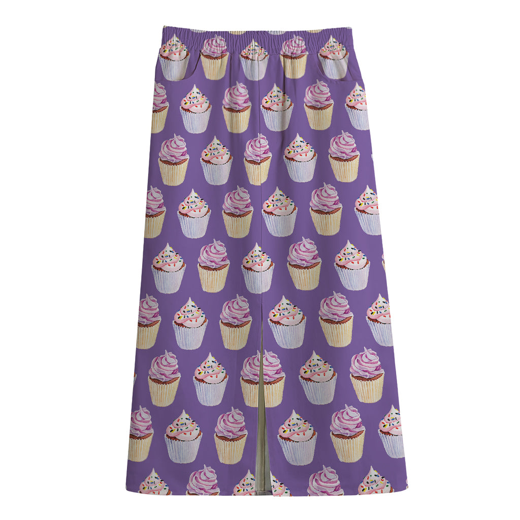 Purple Cupcake Pattern Print Cotton Front Slit Maxi Skirt