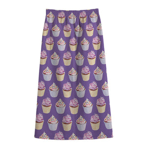 Purple Cupcake Pattern Print Cotton Front Slit Maxi Skirt