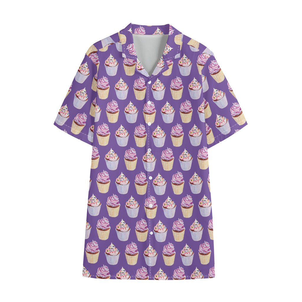 Purple Cupcake Pattern Print Cotton Hawaiian Shirt