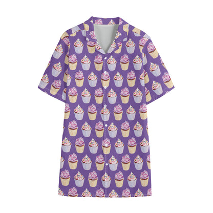 Purple Cupcake Pattern Print Cotton Hawaiian Shirt