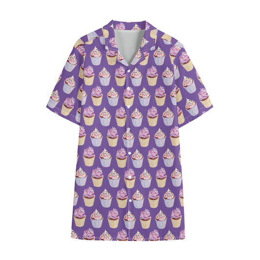 Purple Cupcake Pattern Print Cotton Hawaiian Shirt