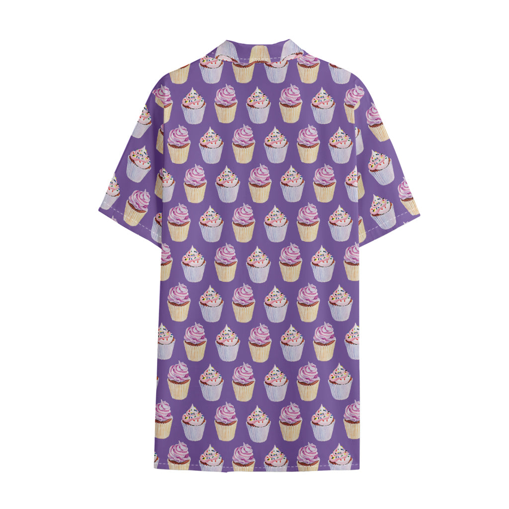 Purple Cupcake Pattern Print Cotton Hawaiian Shirt